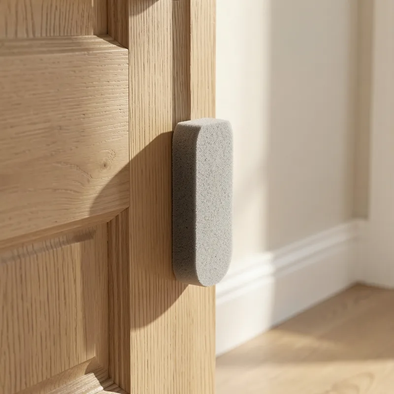 Porte intérieure en bois clair maintenue entrouverte par une protection souple en mousse dans un couloir familial