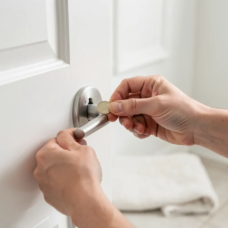 Adulte vérifiant le déverrouillage extérieur d&rsquo;une poignée de porte de salle de bains