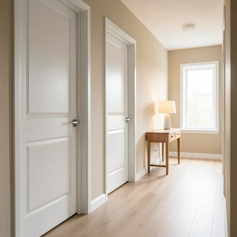 Couloir d&rsquo;appartement avec plusieurs portes intérieures dont l&rsquo;une équipée d&rsquo;une bande de protection côté charnières