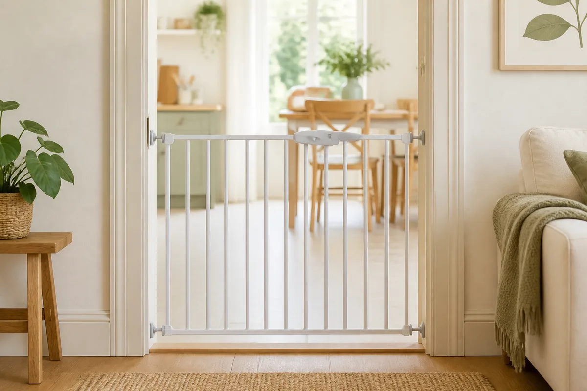 Barrière de sécurité à pression installée dans l&rsquo;encadrement d&rsquo;une porte entre deux pièces
