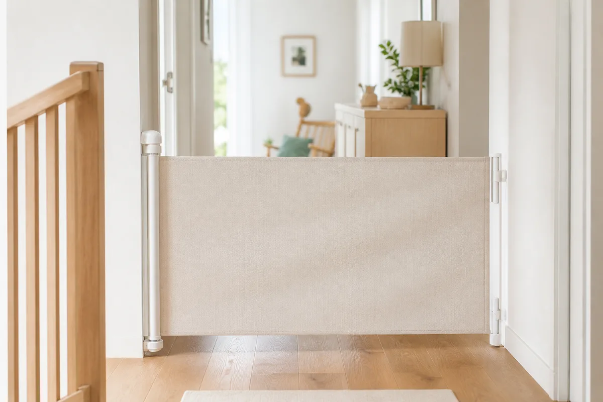 Barrière enroulable en toile déployée en travers d&rsquo;un couloir clair