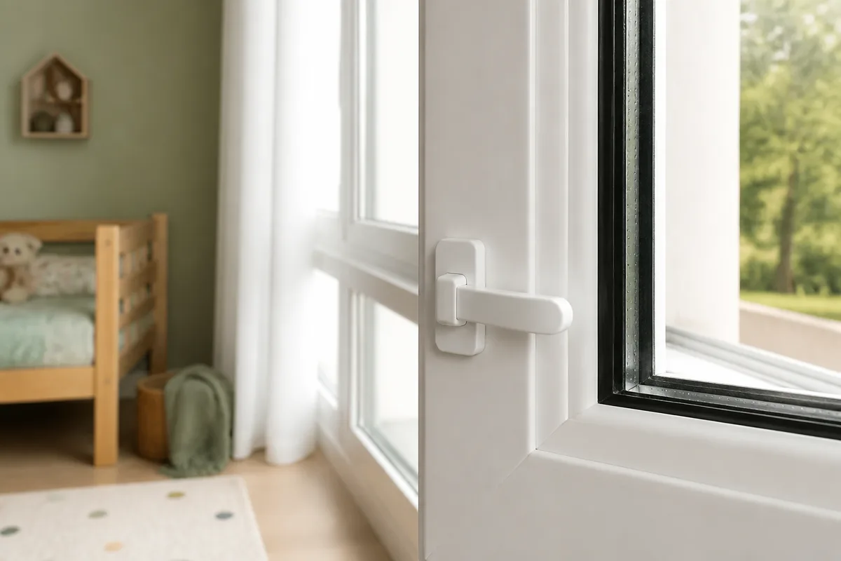 Entrebâilleur adhésif installé sur le dormant d&rsquo;une fenêtre en PVC blanc dans une chambre d&rsquo;enfant