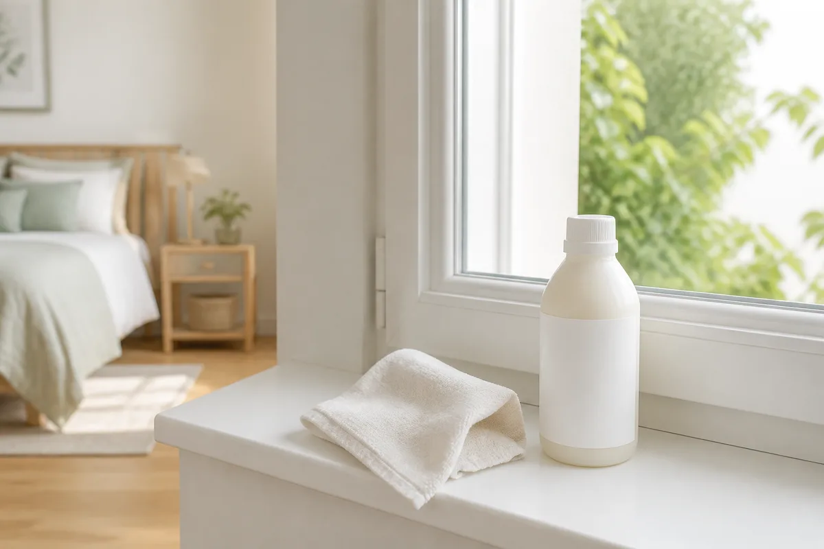 Main d&rsquo;adulte nettoyant le cadre d&rsquo;une fenêtre avant la pose d&rsquo;un dispositif de sécurité adhésif