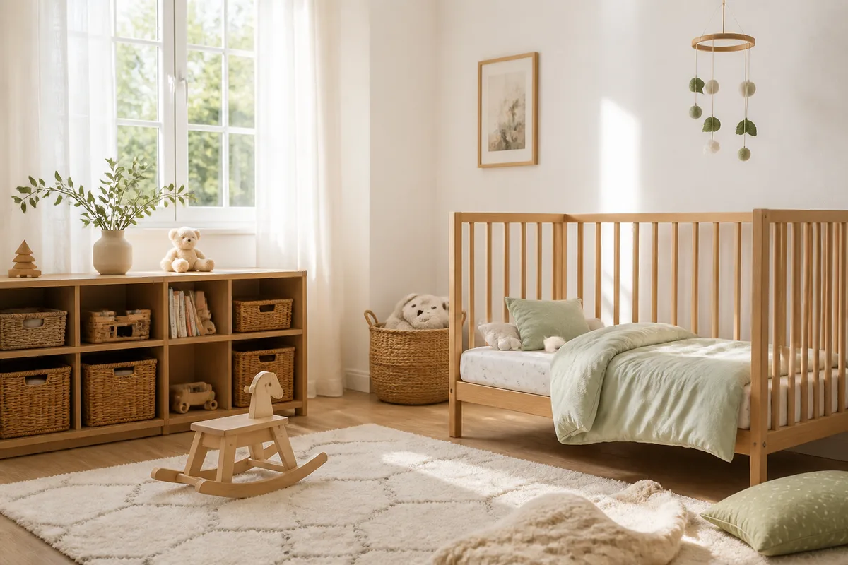 Coin de chambre d'enfant en lumière douce, lit à barreaux et tapis clair, ambiance calme et rangée