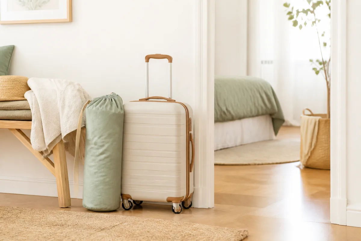 Lit parapluie léger replié dans sa housse posée à côté d&rsquo;une valise de voyage