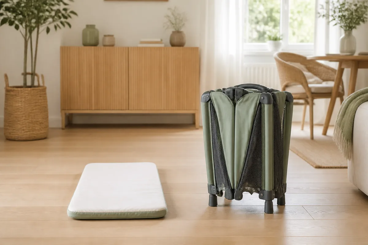 Matelas fin de lit parapluie posé au sol à côté de la structure repliée