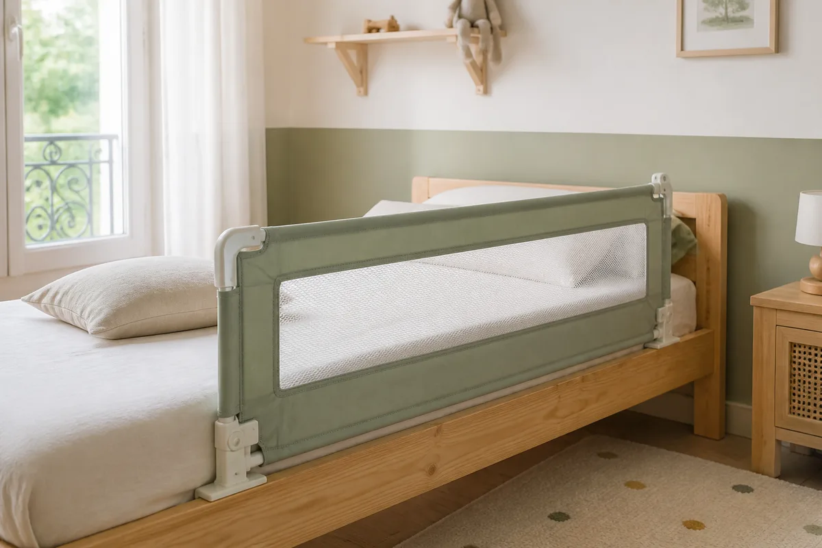 Barrière de lit en toile repliable fixée sur le côté d&rsquo;un lit d&rsquo;enfant