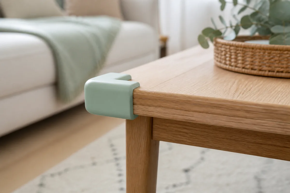 Coin de table basse équipé d’une protection en mousse souple dans un salon familial